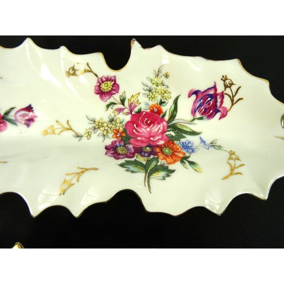 Vintage Dresden Style Leaf Dish Lot of 2 Hand Painted Floral Flowers Gold Trim - Picture 5 of 16